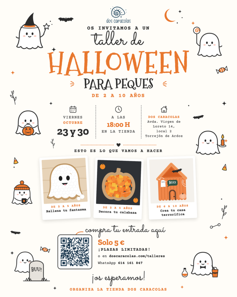 Cartel del taller de Halloween para peques en Dos Caracolas, Torrejón de Ardoz